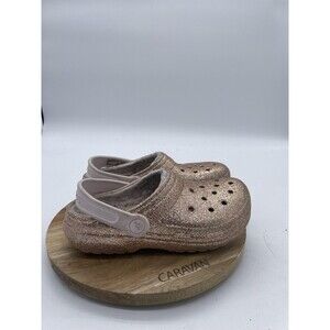 Crocs Classic Clog Girls 2 Pink Glitter Faux Fur Warm Slip On Casual Comfort